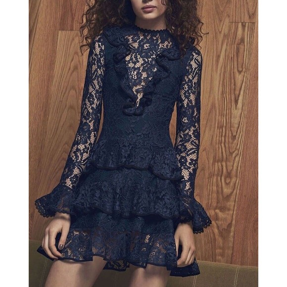 Alexis Tracie Long Sleeve Tiered Ruffled Lace Mini Dress In Navy Size S